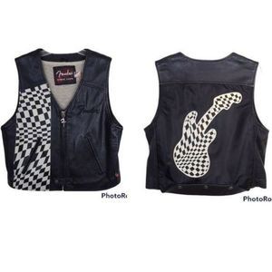Fender Stratocaster Vest Adult Large Leather Checkered Rocker Biker LIMITED Mens
